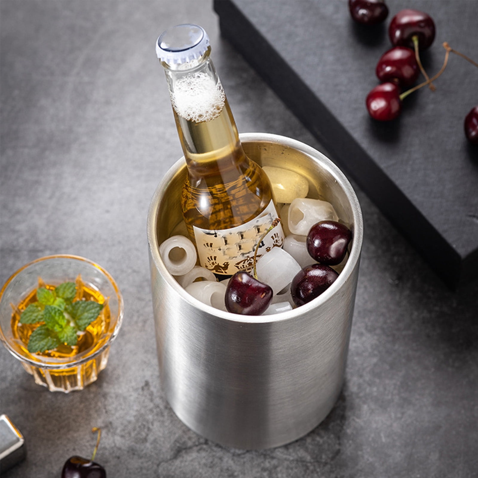 Stainless Steel Classic Round Ice Bucket | Drink Cooler Beverage Chiller for Wine Beer | Family Gathering Barware | 1.6L 101.4oz | Handle | Easy Clean | 4.68x7.48in Silver