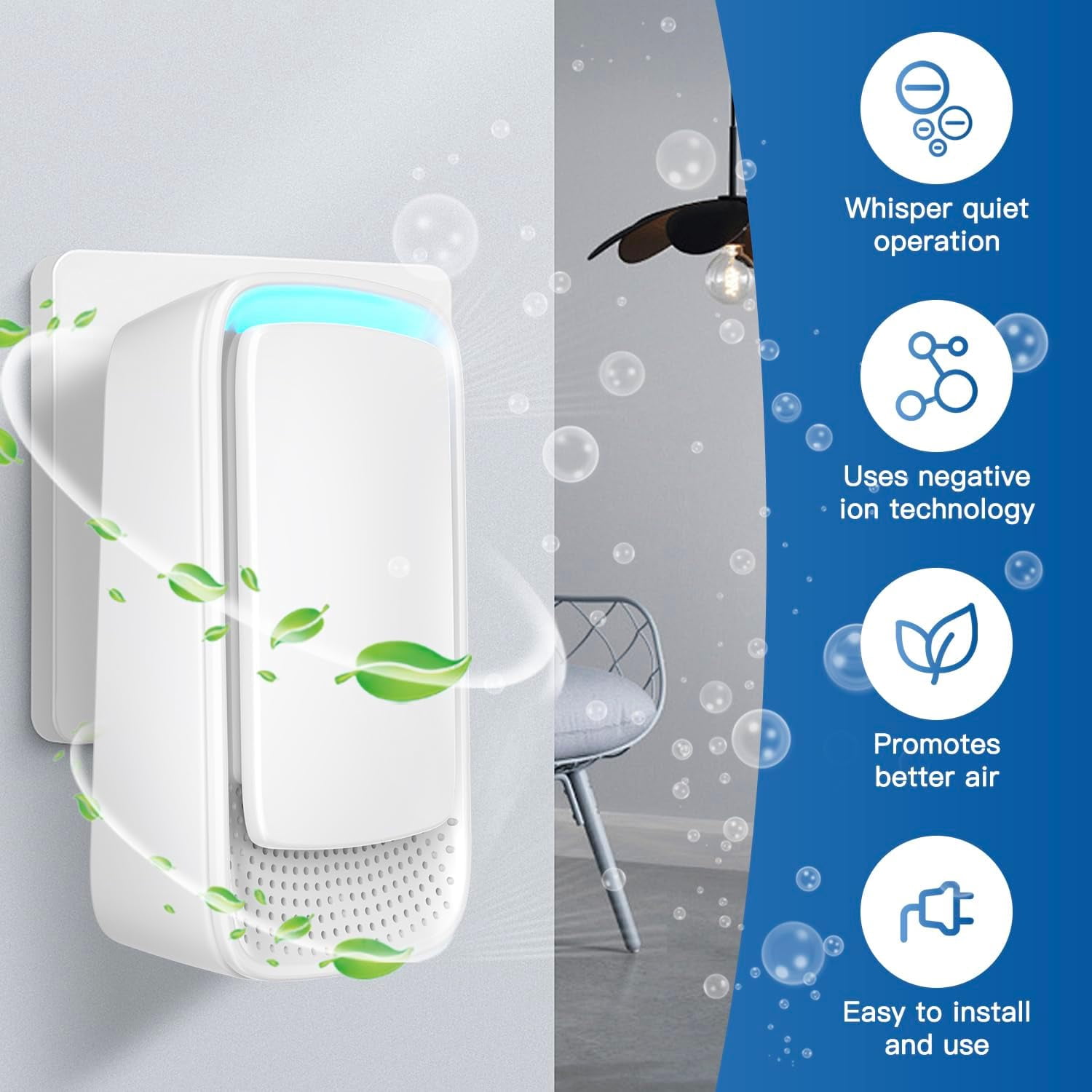 Plug In Negative Ion Air Purifier - Quiet Operation Air Freshener for Home Office Bedroom - Portable Air Cleaner for Odors Pet Smells - White (4 Pack)