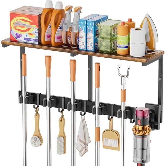 Broom Holder Wall Mount with Cleaning Supplies Organizer, Laundry Room Organization and Storage Shelves with Mop Hanger Rack Gripper Hooks, Utility Shelf Closet Organizer