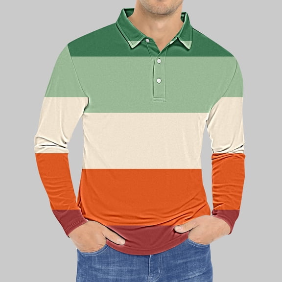 BiZtdJrK Men Big and Tall Striped Print Long Sleeve Shirts Casual Fashion Button Collared T Shirts Lightweight Casual Street Polos Shirts Clearance Items Khaki XXXL