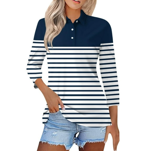 Black Womens Tops Womens Shirts Three Quarter Length Summer Striped Print Tops Collared Button Down T Shirts Breathable Trendy Tunic Tops Shirts for Women