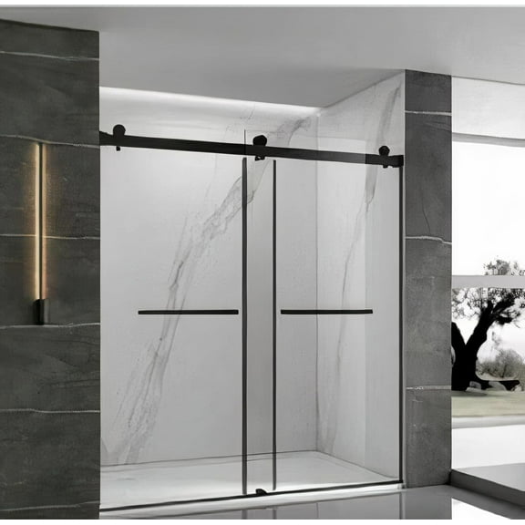 Double Sliding Glass Shower Door 56-60" W x 76" H, Tempered Glass, Easy-Clean Coating, Brushed & Polished Finish, Smooth Buffering Mechanism, Frameless B-Double Sliding-Matte Black-60 Wx76 H(Shower)
