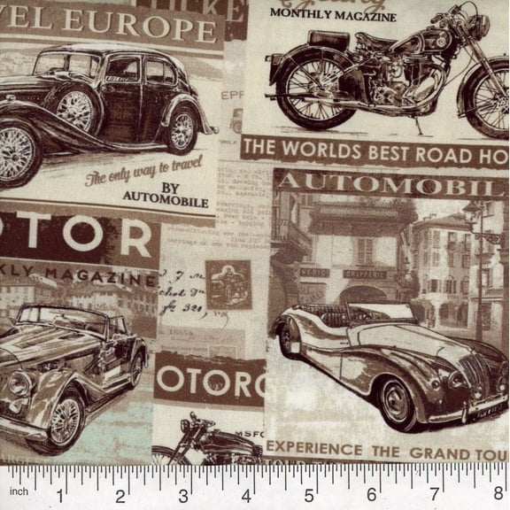 Motor Tour Brown Cotton Fabric (Yard)