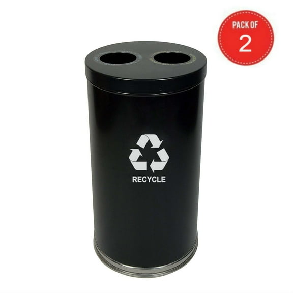 Witt Industries Steel 36-Gallon 2 Opening Recycling Container with 2 Plastic Liners, Legend "Recycle", Round, Black (Pack of 2)