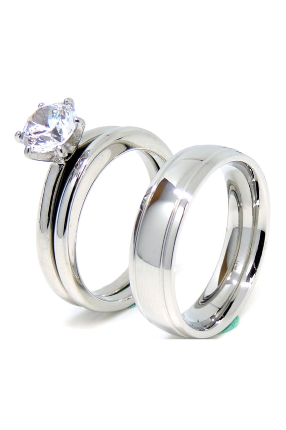 Matching Couple Ring Set Womens Solitaire CZ Wedding Ring Set Mens Dome Grooved Edge Band- Size W10M10