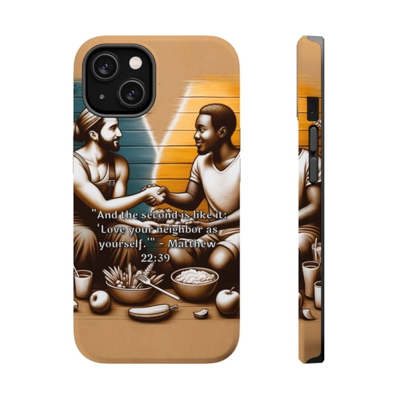 DistinctInk Tough Case for Apple iPhone 13 MINI (5.4" Screen), Compatible with MagSafe Charging - "Matthew 22:39 – Love Your Neighbor as Yourself"