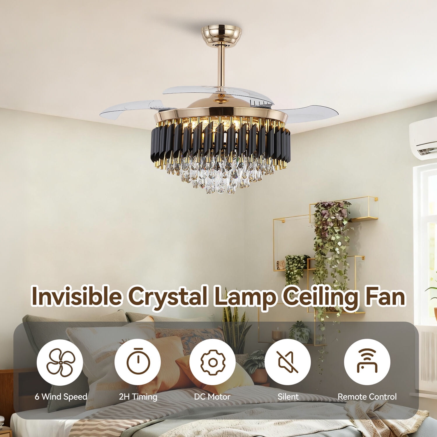 PHORUS 48" Invisible Crystal Ceiling Fan with Light, Quiet DC Motor 6-Speed Dimmable Fan with Remote Control, Retractable ABS Blades and Timer for Bedroom Living Room,Gold