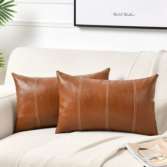 2 Packs Brown Boho Lumbar Faux Leather Decorative Throw Pillow Covers 12x20 Inch for Living Room Couch Bed Sofa, Hand Stitched Rectangle Cushion Case, Rustic Modern Farmhouse Home Decor Brown 20" x