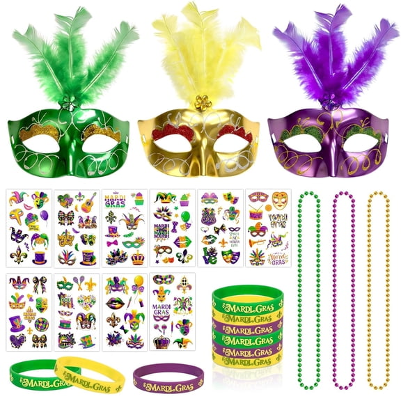 HOWAF 16 Pieces Mardi Gras Accessories Set, Mardi Gras Mask Temporary Tattoos Silicone Wristband Necklace Makeup Party for Women Girls