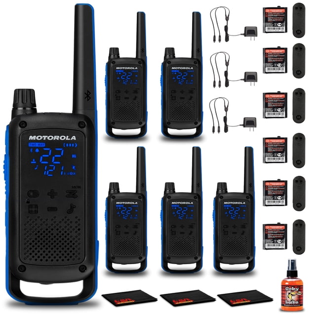 3 x Radios Bidireccionales Motorola Talkabout T800 Par Azul/negro + Spray Desinfectante para Micrófono + 3 x Paño de Microfibra Motorola
