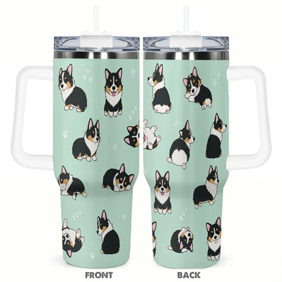 40oz Cute Corgi Cartoon Travel Tumbler Insulated Car Cup with Handle and Straw Stainless Steel Large Capacity Coffee Cup Pet Lover Gift