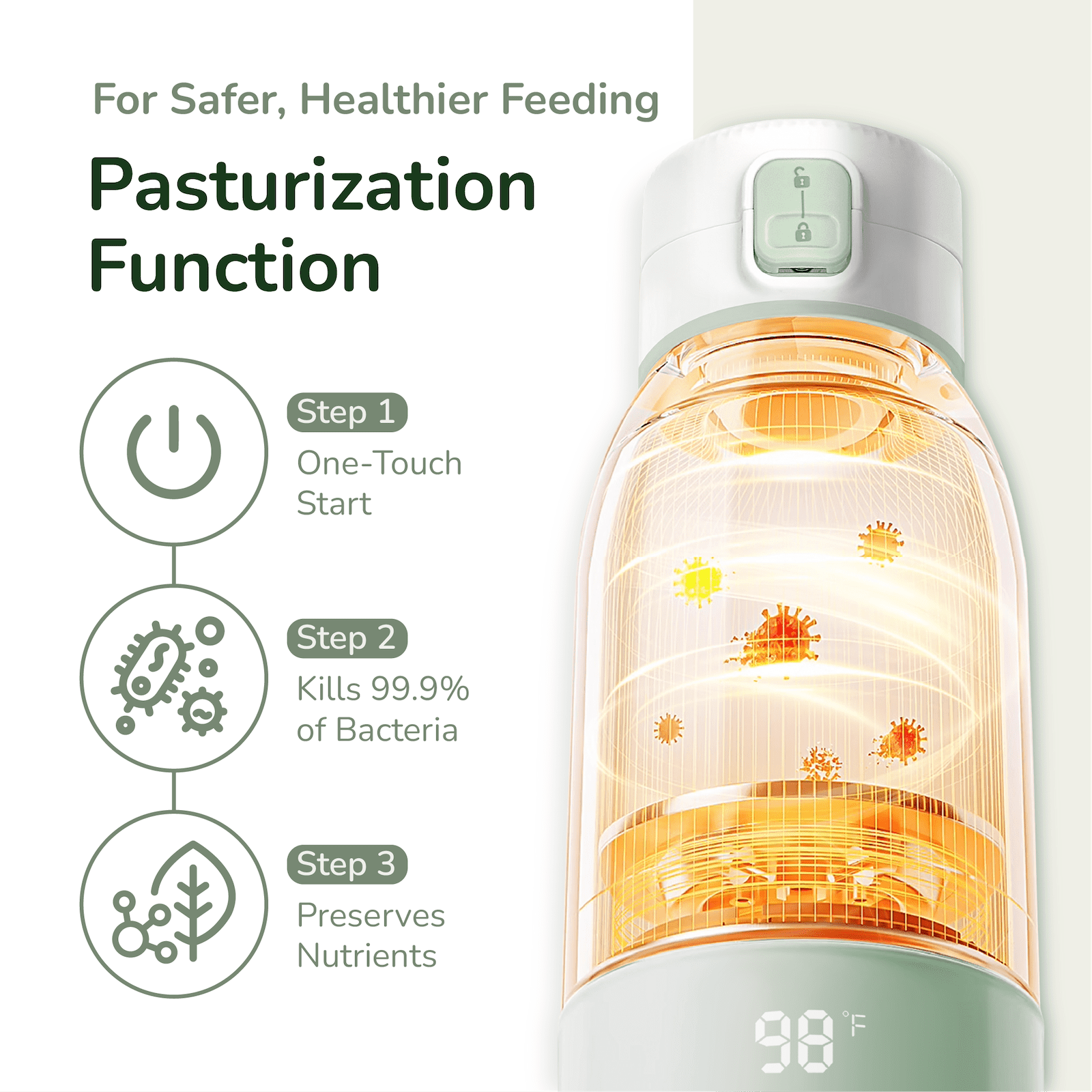 Portable Milk Warmer for Travel, 17 oz Capacity, 3 Min Fast Heating & Long Battery Life, Baby Bottle Warmer for Breast Milk and Water On-The-Go, Pasteurization Mode, Meets Full Day Feeding Needs