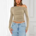 thumbnail image 2 of Gibobby Blusa Casual Para Mujer Camiseta ajustada sexy de manga larga con top corto de color sólido asimétrico con hombros descubiertos（Café， L), 2 of 3