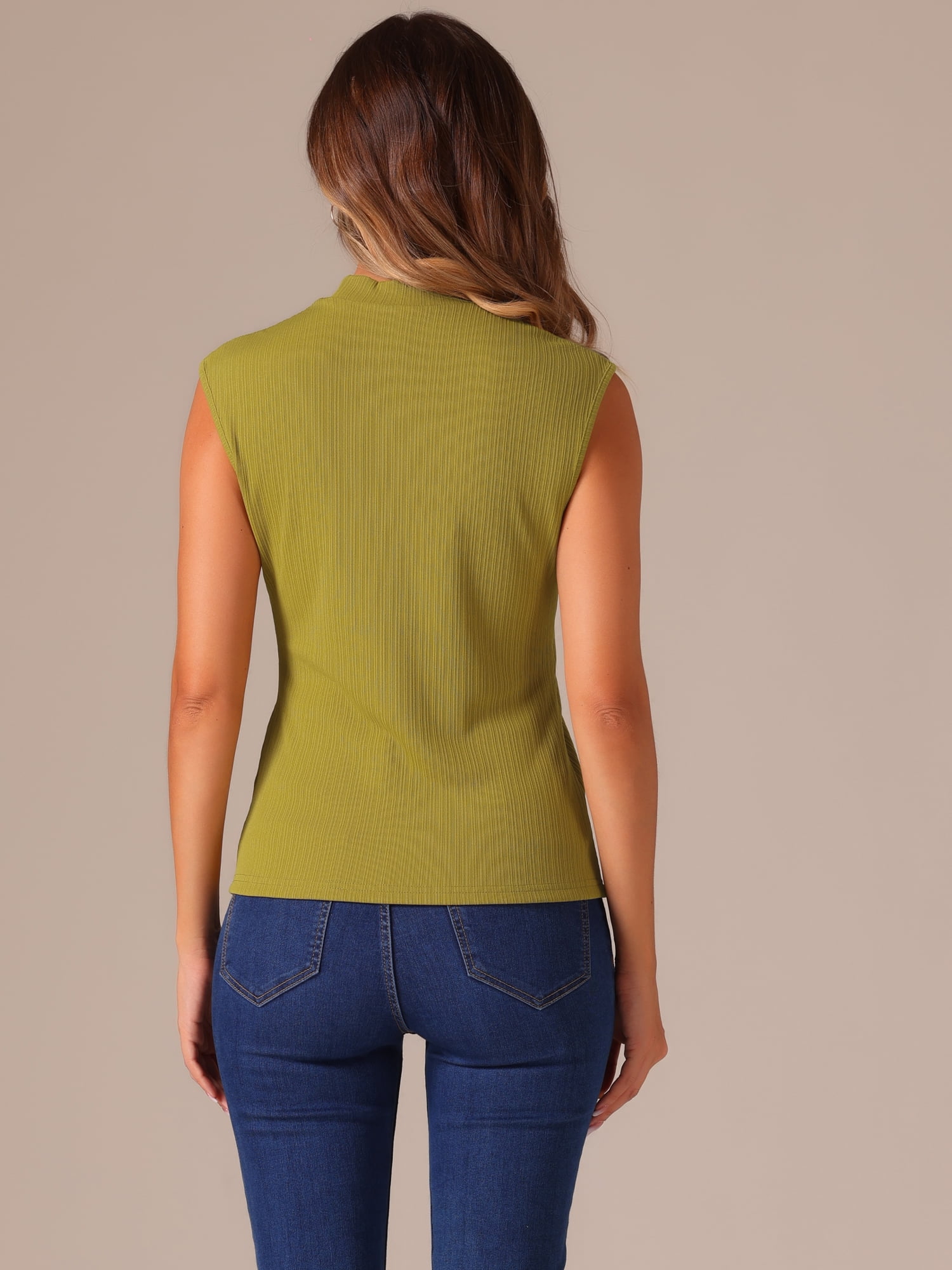 DARING DIVA Knit Ribbed Sleeveless Mock Neck Blouse M Olive Green