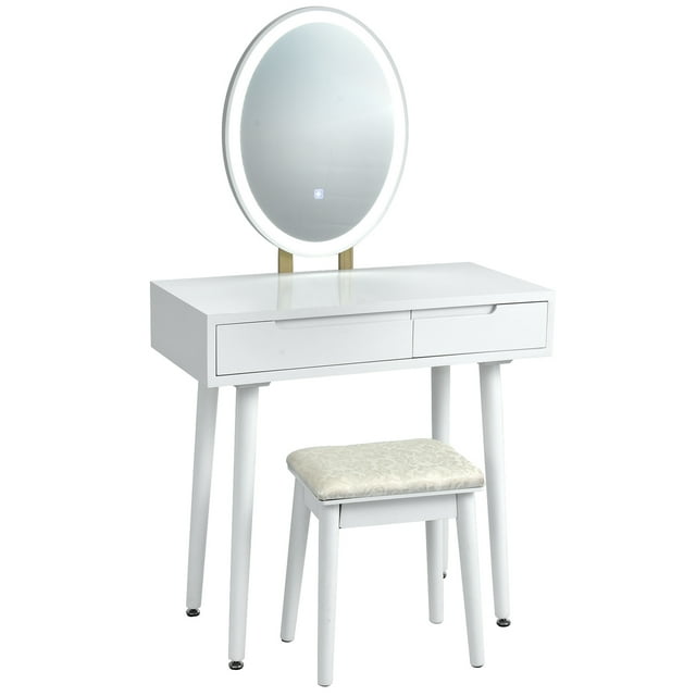 Gymax Makeup Vanity Dressing Table Set w/ Touch Screen Padded Stool White