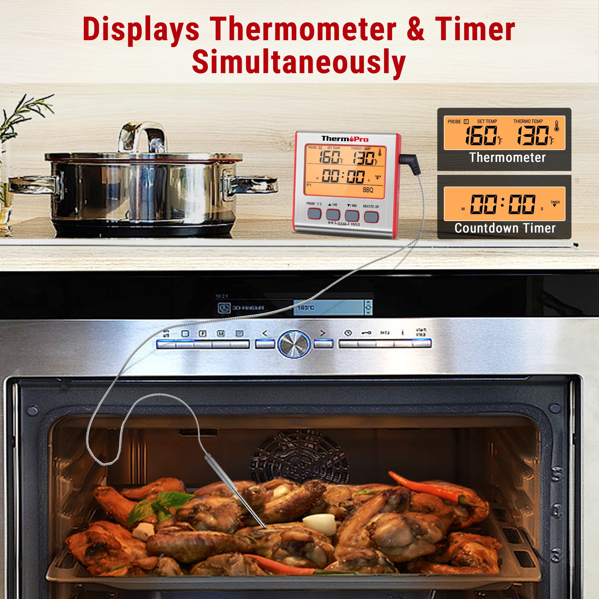 ThermoPro TP17W Large LCD Backlight Grill Food Thermometer with Dual Probes Timer Mode for Oven Grill Smoker BBQ