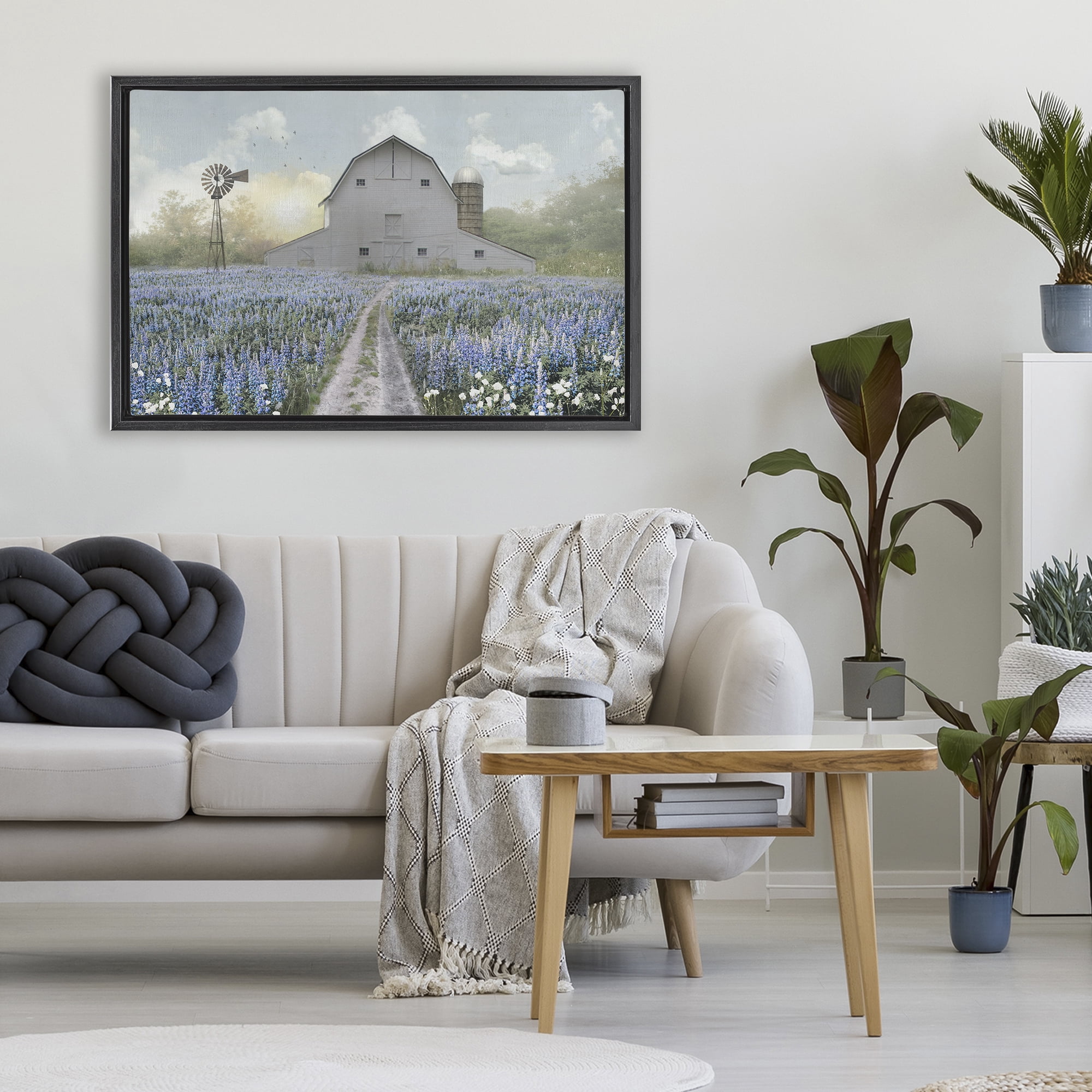 Stupell Industries Meadow of Blue Flowers & Barn Black Framed Floater Canvas Wall Art, design by Nan