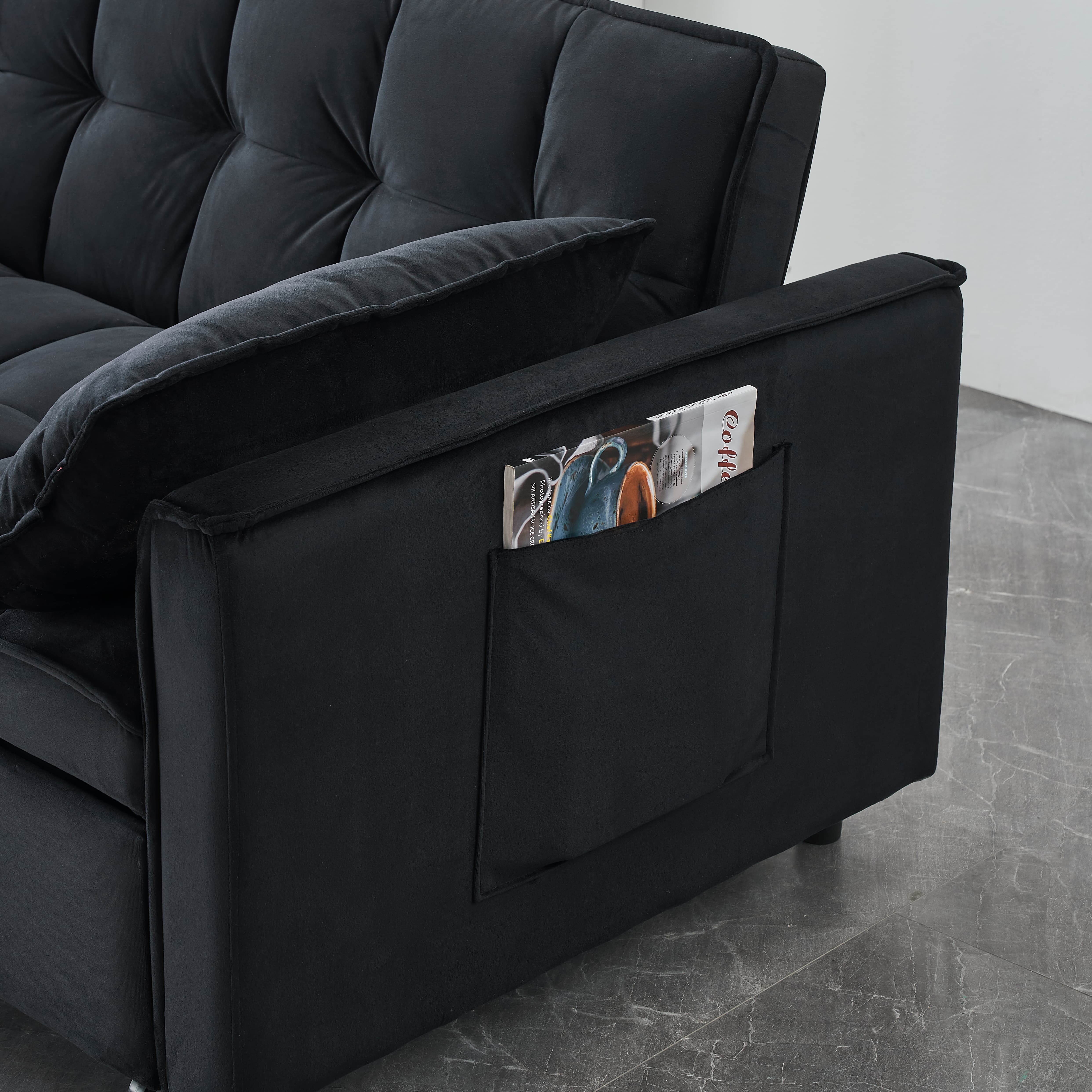 MAYEERTY 3 In 1 Convertible Sleep Sofa Bed, Pull Out Velvet Sleeper Sofa Small Loveseat, for Apartment, Living Room, Small Space, Black