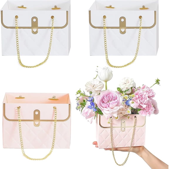 4 Pcs Flower Paper Gift Box Tutuviw Paper Flower Gift Bags, Bouquet Storage Bucket Florist Handbag with Metal Chain for Wedding Valentine's Day Mother Day Gift Wrap Bags (White, Pink)