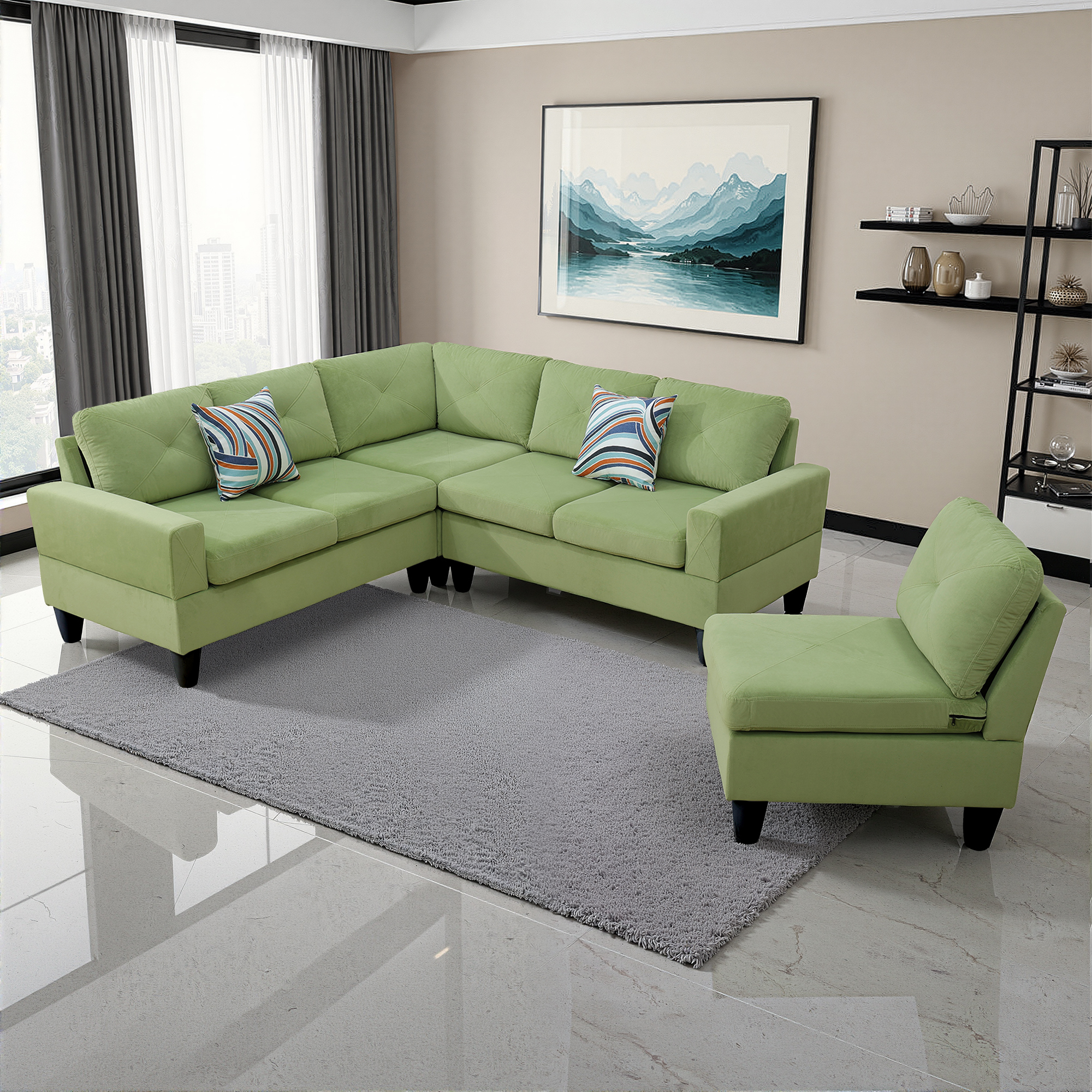 MAYEERTY 95.5" L-Shaped Sectional Sofa, Flannel Modular Couch Sofa Set without Ottoman, Apple-Green (Right)