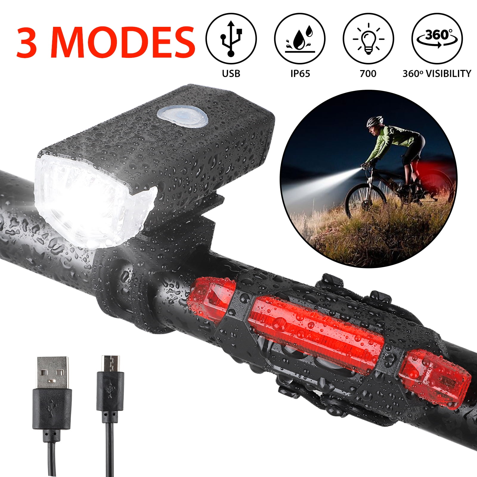 LED Super Bright Mountain Bike Front& Rear Light Set USB Rechargeable Waterproof 