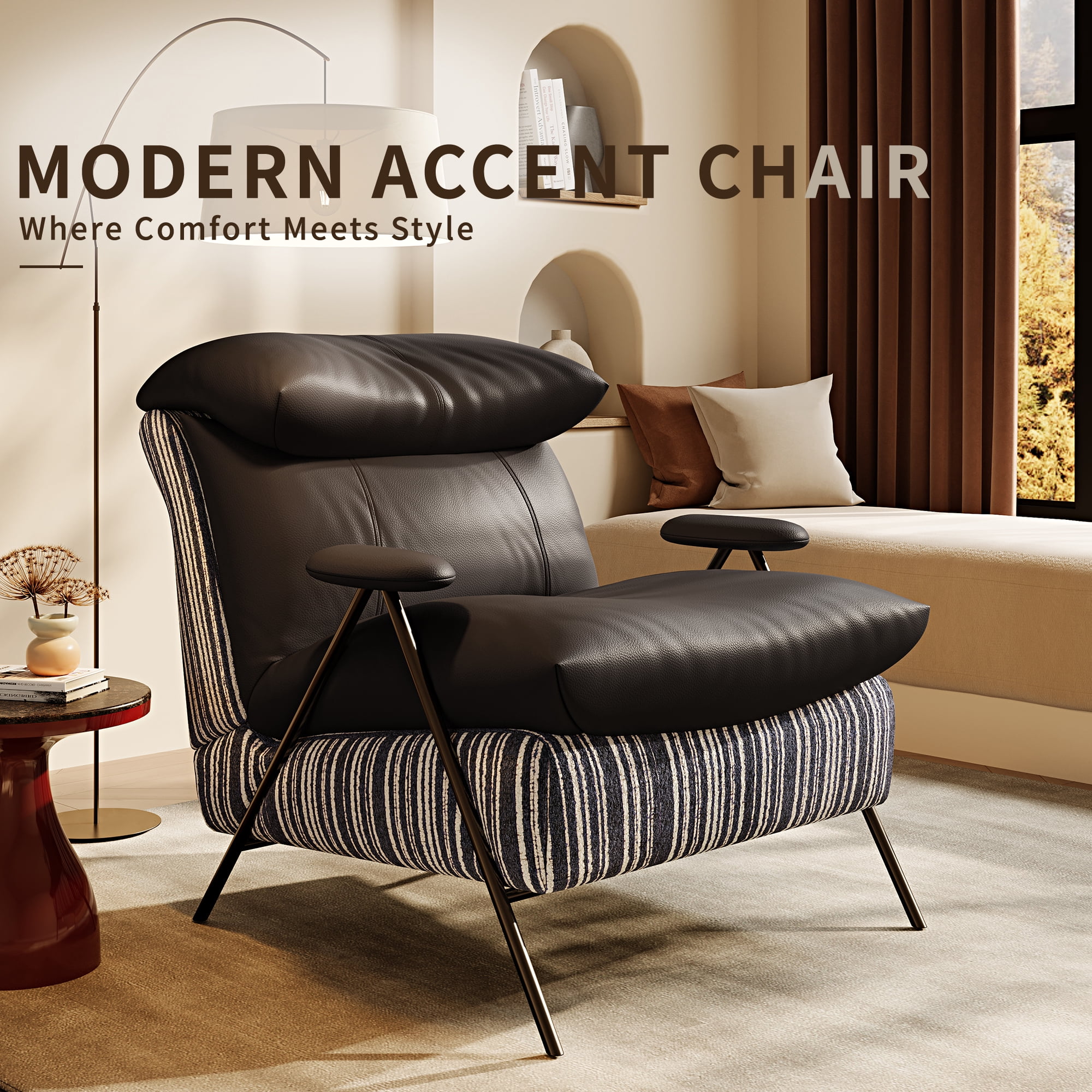 Howcool Modern Upholstered Accent Chair,Armchair with Wide Cushioned Seat,Ergonomic Lounge Chair with Solid Wood Frame for Living Room,Bedroom,Black