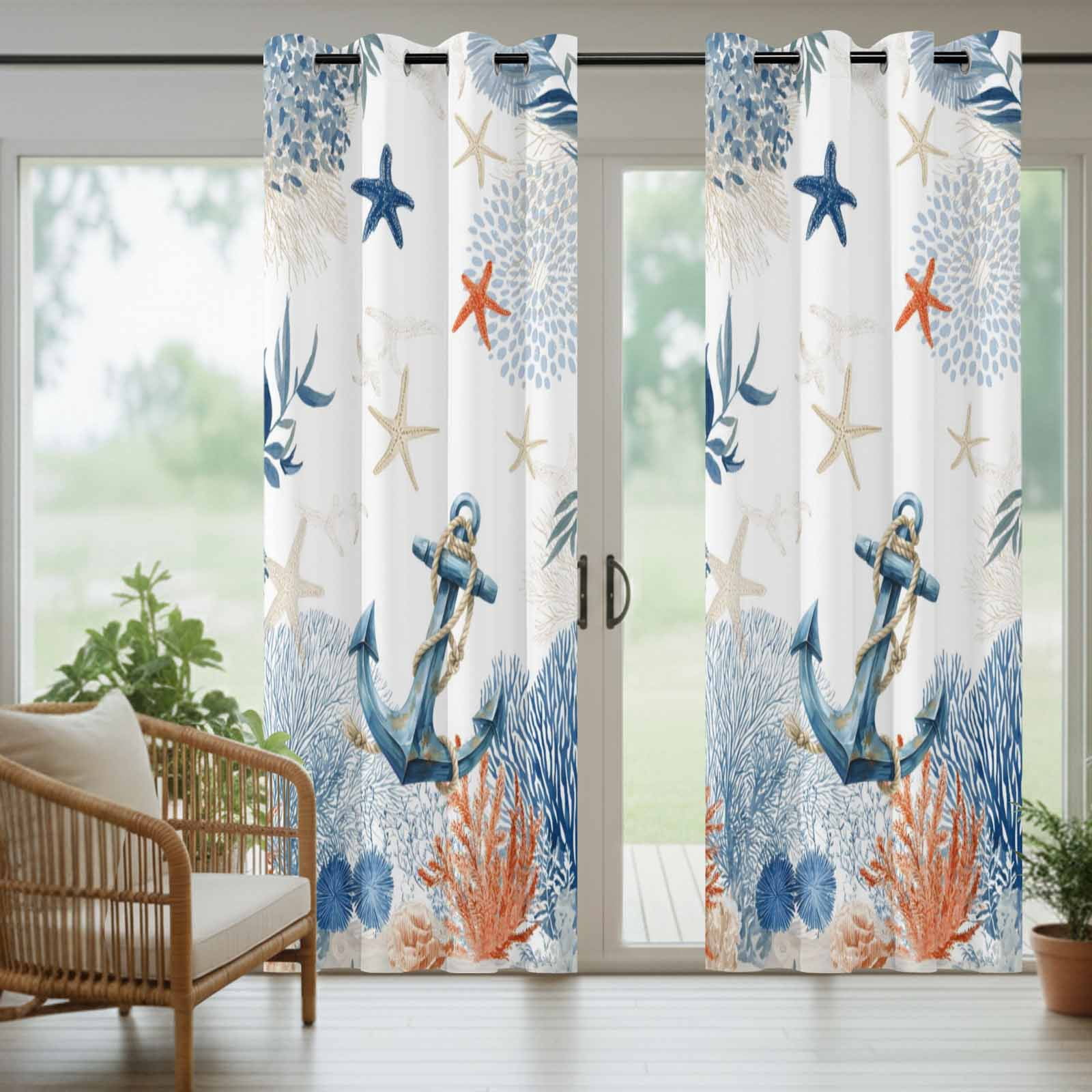 Ocean Anchors Outdoor Curtains for Patio, Orange Blue Summer Sea Corals Shells Starfish Sunshade Privacy Drapes Grommet Waterproof Outside Curtains for Porch/Cabana/Balcony 54"x 108", 1 Panel