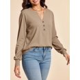 thumbnail image 3 of Womens Puff Long Sleeve Henley Shirts Trendy Casual V Neck Button Up Tunic Tops Loose Fit Basic Tees, 3 of 6