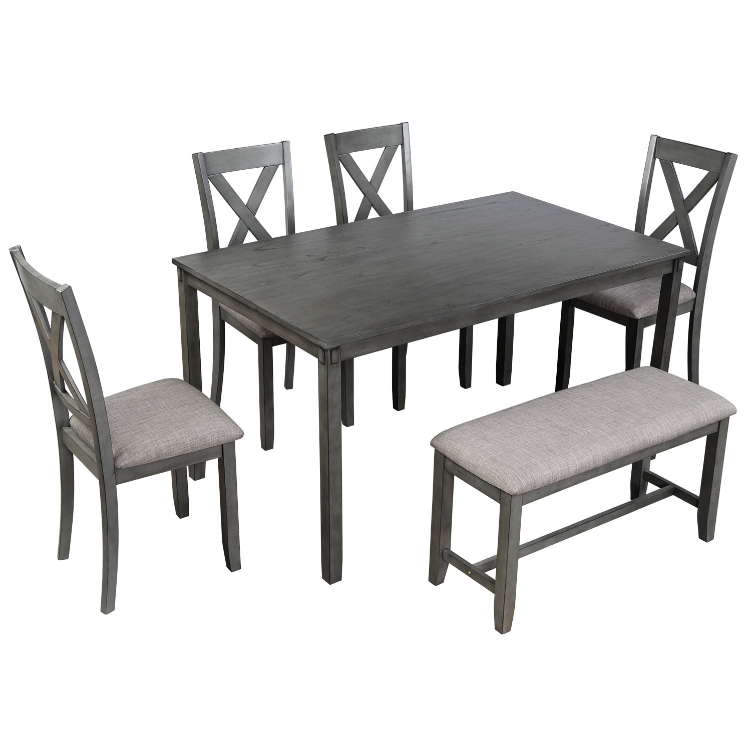 Kadyn Rectangular Dining Table Set 6 Pc, Wooden Modern Dining Chairs Seat, 6-piece Kitchen Dining Table Set Dining Table, 4 Dining Chairs and Bench, Gray Kadyn Rectangular Dining Table Set 6 Pc, Wooden Modern Dining Chairs Seat, 6-piece Kitchen Dining Table Set Dining Table, 4 Dining Chairs and Bench, Gray
