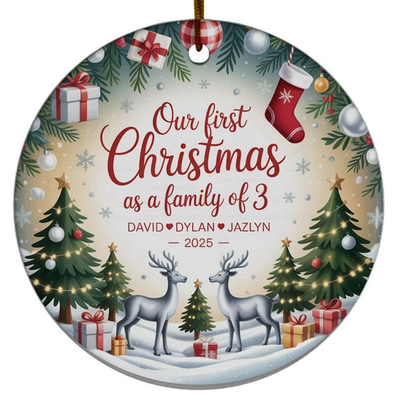 Our First Christmas As A Family of Three Ornament 2025, Deer 3 Gift for Dad Mom Baby, 1st Christmas Gift, Custom Name Text Names Our First Christmas as a Family of 3 Ornament