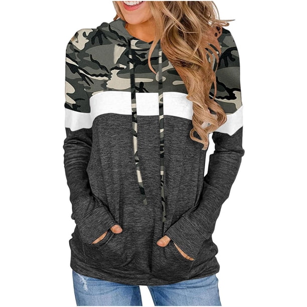 Sudaderas con capucha Mujer Casual Manga larga Sudadera Bolsillo Color Bloque Cordón Tops Pompotops gfhjh23568