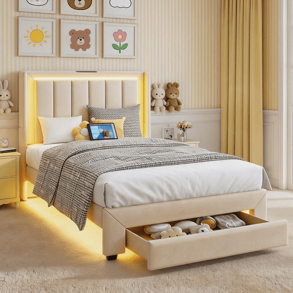 Twin Bed Frame with Motion Sensor Light, UHOMEPRO Upholstered Platform Bed with Charging Station and Wooden Storage Drawer, No Box Spring Needed, Beige