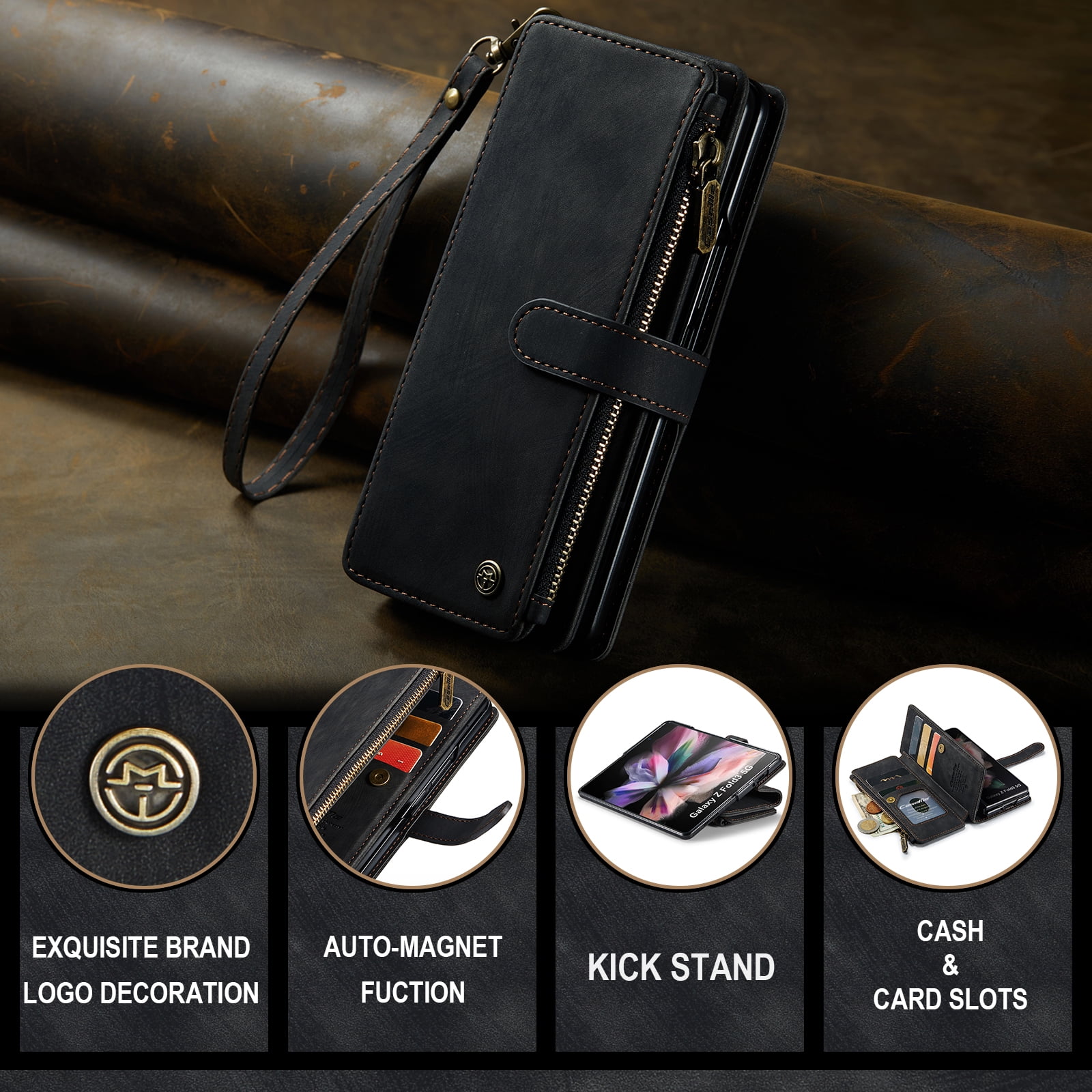 Dteck for Samsung Galaxy Z Fold3 Case, Heavy Duty PU Leather Card Wallet Case with Wrist Strap, Black