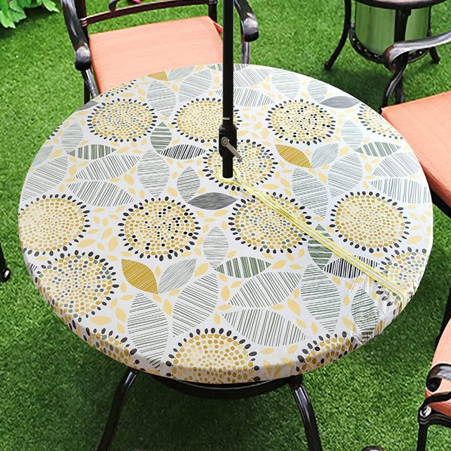 HAHDAXIA Nappe Ronde en Vinyle Ajustée avec Endos en Flanelle, Nappe Élastique avec Trou pour Parasol et Fermeture Éclair, Nappe en Plastique Imperméable et Anti-Huile, (Nappe Ronde)