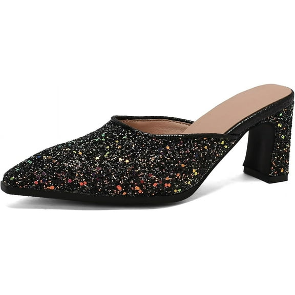 Glitter Mules Women Block Heel Pointed Toe Slippers