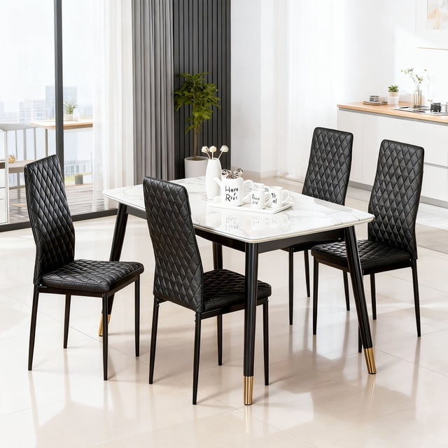LHYY Modern Dining Chair Fireproof Leather Sprayed Metal Pipe Diamond Grid Pattern Restaurant Home Conference Chair Set (4 packs) BLACK