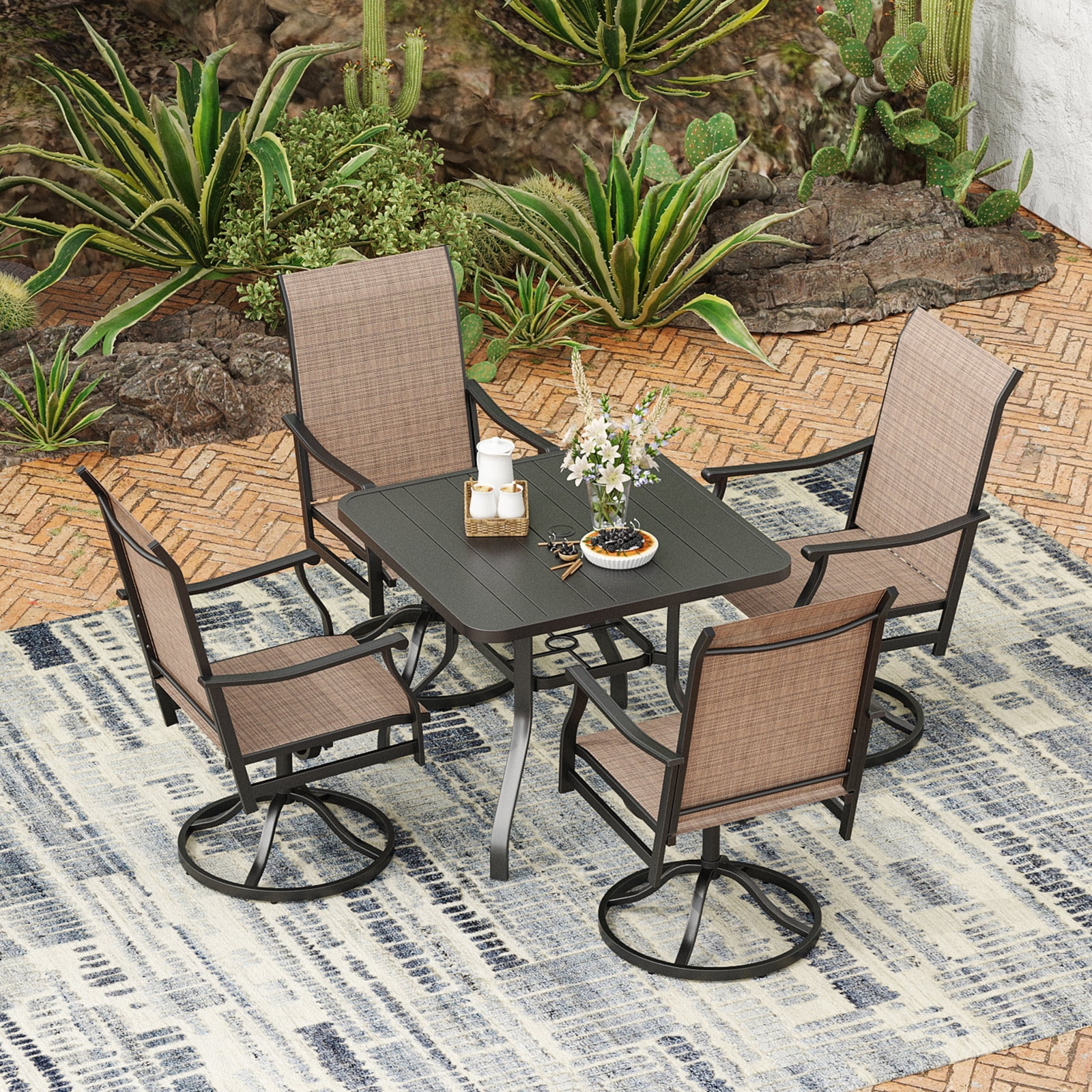 STARY Outdoor Dining Set for 4, 5-Piece Patio Table and Chairs Set, 4 x Swivel Patio Chairs with Textilene Fabric and 35"x35" Outdoor Dining Table with 1.57" Umbrella Hole for Poolside, Backyard