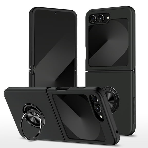 AIOVETEAB for Samsung Galaxy Z Flip 6 Case,Silky Soft Touch Heavy Duty Protective Cover with Ring Holder Kickstand Magnetic Phone Case for Samsung Galaxy Z Flip 6 (Black)