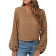 thumbnail image 2 of FAKKDUK Womens Tops Autumn Top for Women Chiffon Long Sleeve V Neck Solid Blouse Shirts Ladies 2023 Spring Bubble Sleeves Dressy Casual Tshirts Women's Casual Tops for Work, Khaki&M, 2 of 4