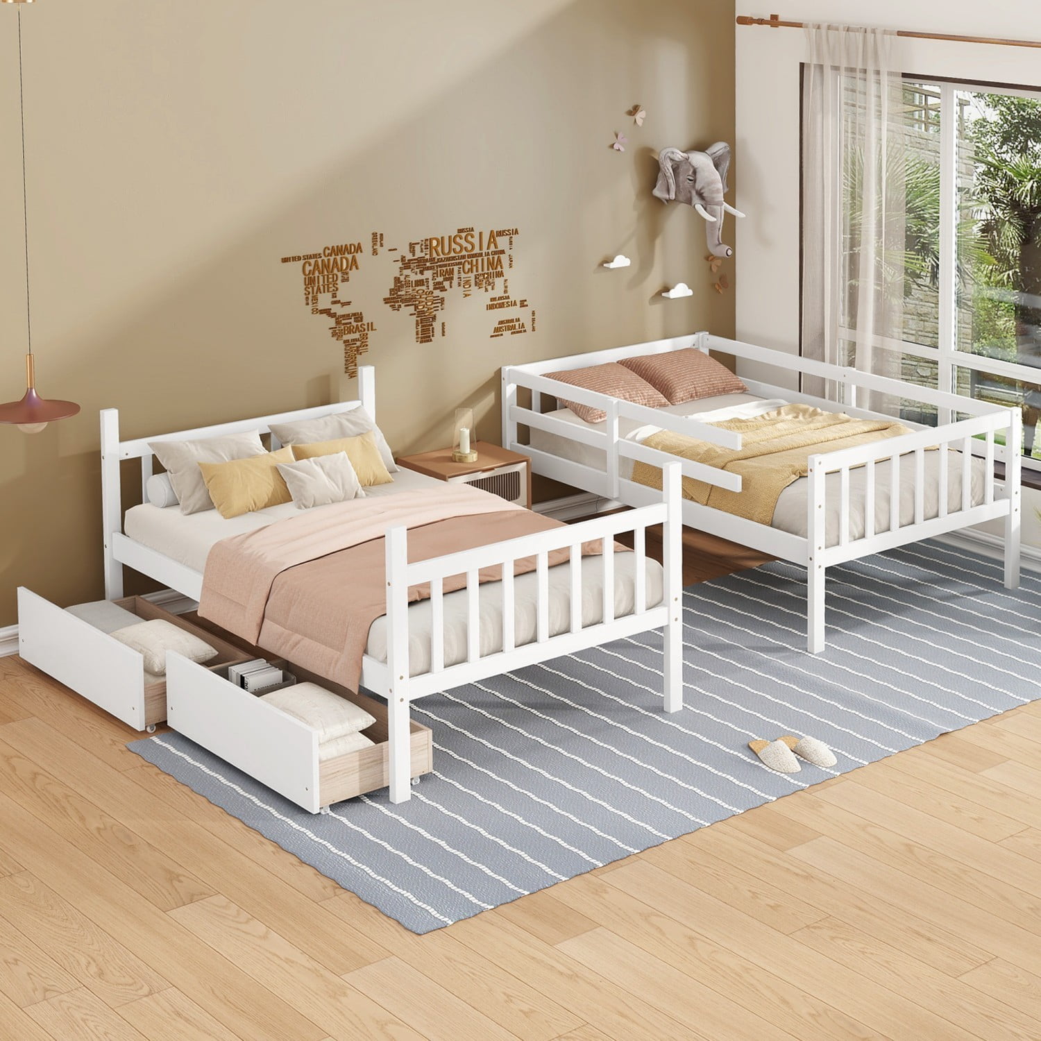 Twin Over Twin Rubber Wood Bunk Bed with Storage Drawers, Convertible Wood Bunk Bed Frame with Safety Guardrails and Ladder, Space Saving Kids Bed for Bedroom, White