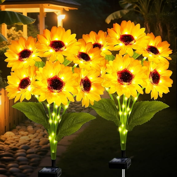 Rirool 2 Pack Solar Sunflower Garden Lights, Outdoor Waterproof LED Stake Lights for Yard, Lawn, Patio, Pathway, Warm White Decorative Garden Lighting