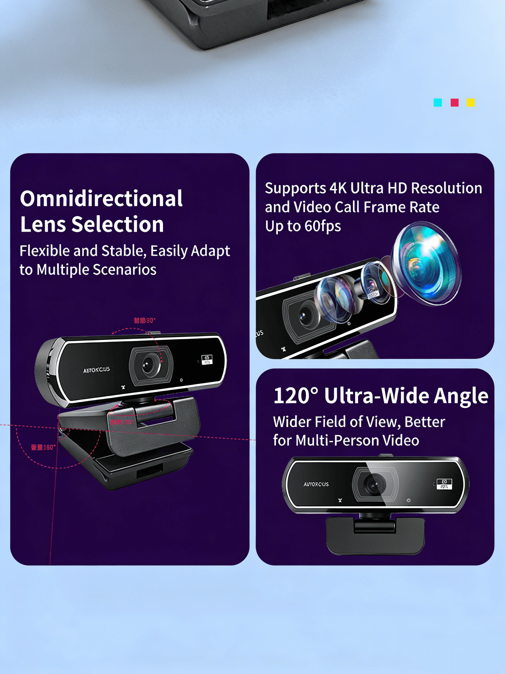 4K CMOS HD Webcam, Dual Mic Noise Reduction Auto Focus USB Plug&Play Web Camera for PC Mac Conference Live Streaming