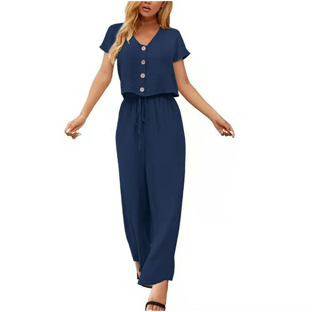 Womens Summer Lounge Matching Sets Short Sleeve Button V Neck Tops Drawstring Wide Leg Pants Casual Cotton Linen Sets