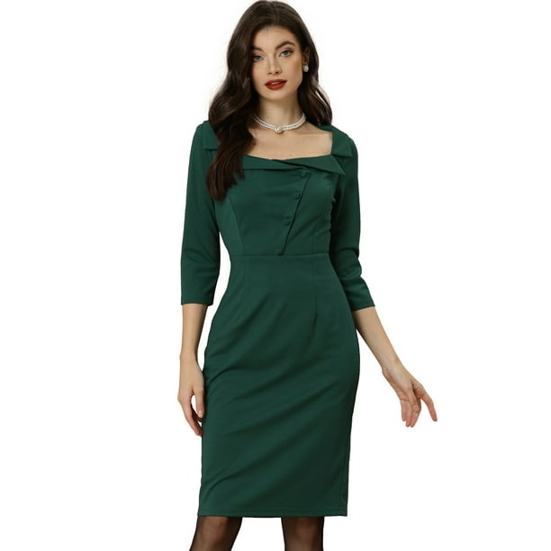 Vestido elegante Allegra K escote cuadrado manga 3/4 Verde S