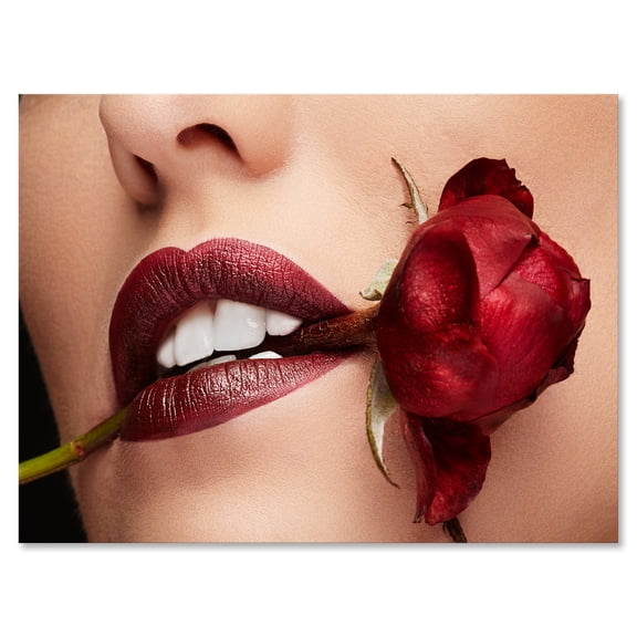 Designart ' Girl With Red Lipstick Holding A Rose In Mouth ' Modern Canvas Wall Art Print