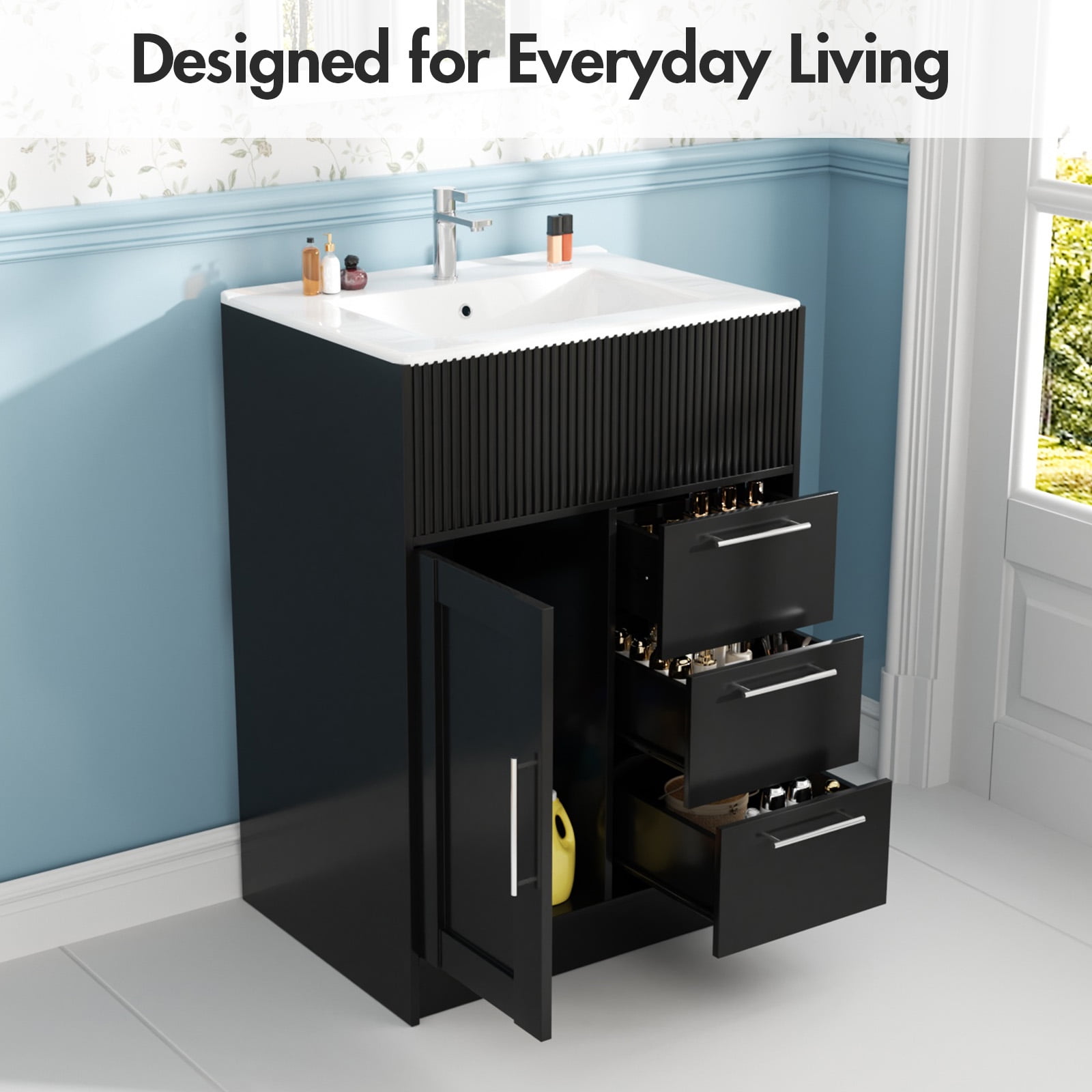 Advwin 24" Freestanding Bathroom Vanity with Ceramic Sink, Modern Bathroom Storage Cabinet with 3 Drawers, Black