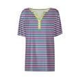 thumbnail image 3 of T-Shirt à Rayures Col en V Manches Courtes Colorblock Décontracté Été Blouse Ample Boutonnée, 3 of 4