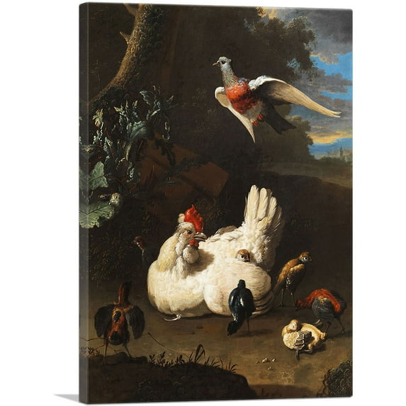 ARTCANVAS White Hen and Chicks Canvas Art Print by Melchior d-Hondecoeter - Size: 26" x 18" (0.75" Deep)