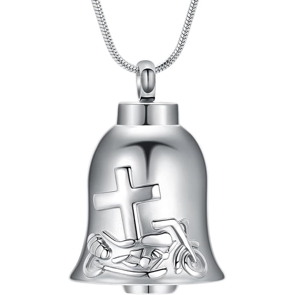 Motorcycle Bell Urn Necklace for Ashes Bell with Cross Cremation Jewelry Memorial Urn Necklace for Ashes Keepsake Pendant for Women Men