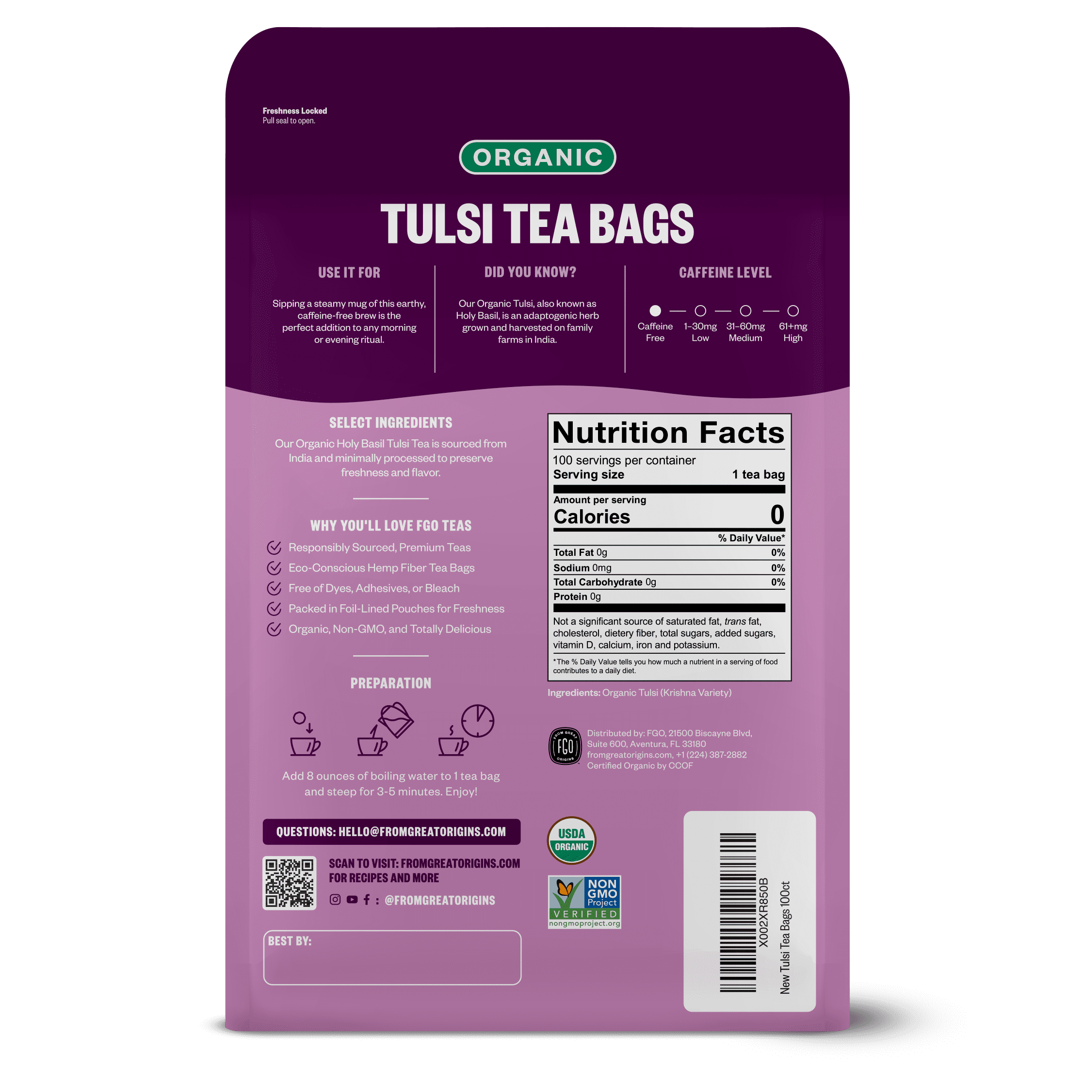 FGO Tulsi Tea, Organic, Eco-Conscious Tea Bags (100 Count)